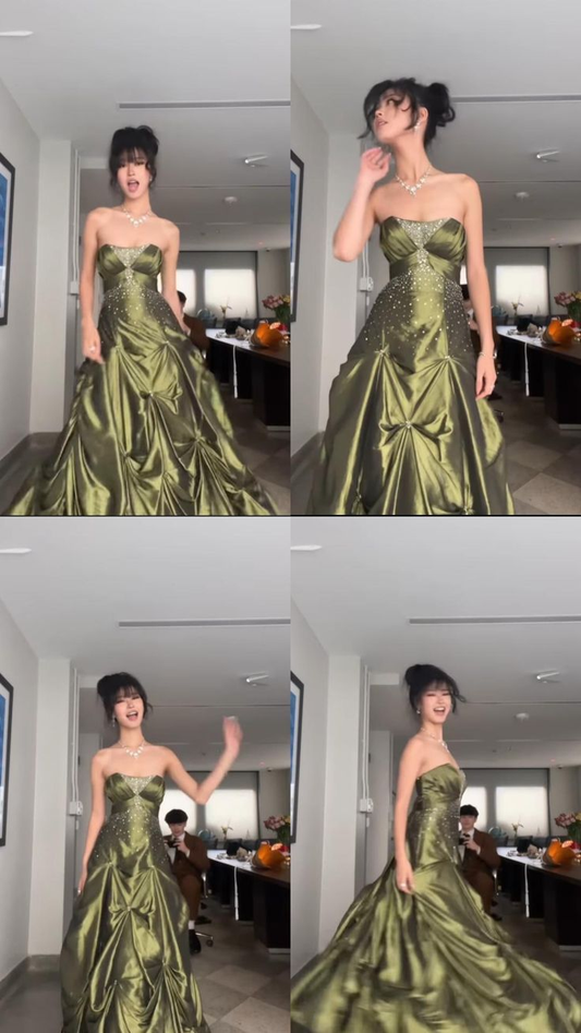 Vintage Beading Strapless A-Line Green Evening Ball Gown Birthday Gown MD7632