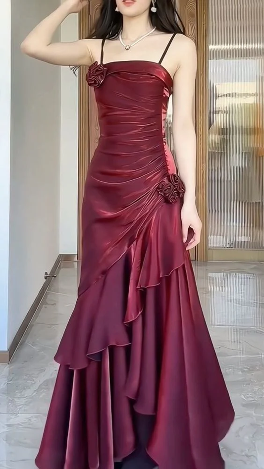 Wine Red Spaghetti Straps Chiffon Long Party Dress Evening Gown MD7633