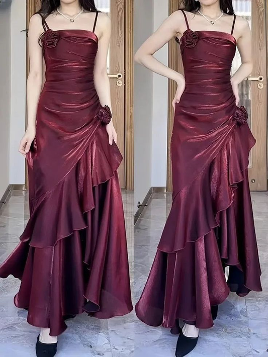 Wine Red Spaghetti Straps Chiffon Long Party Dress Evening Gown MD7633