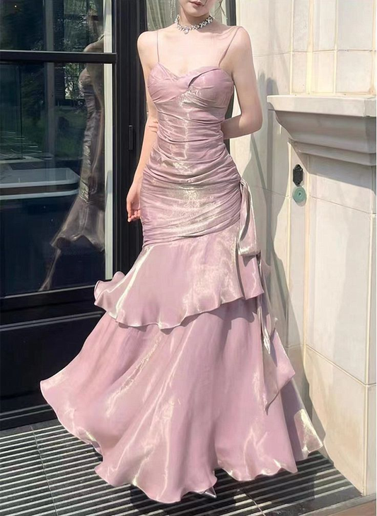 Lovely Pink Spaghetti Straps Chiffon Long Party Dress Evening Gown MD7634