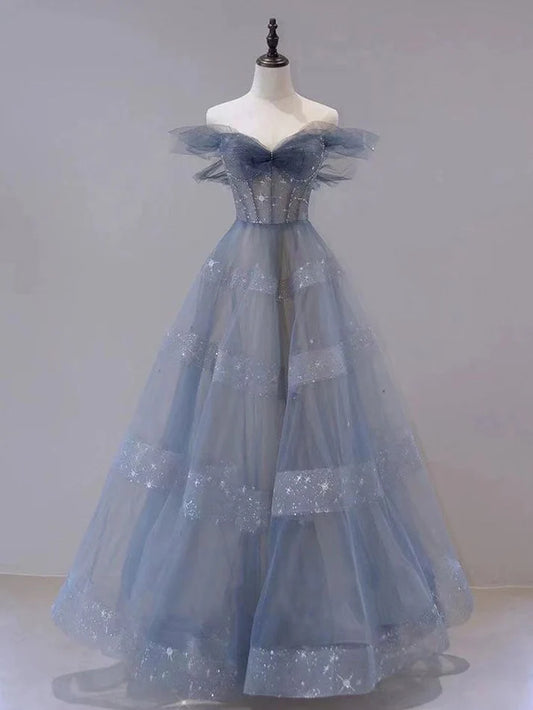 Off The Shoulder Blue Tulle A Line Long Prom Dress MD7637