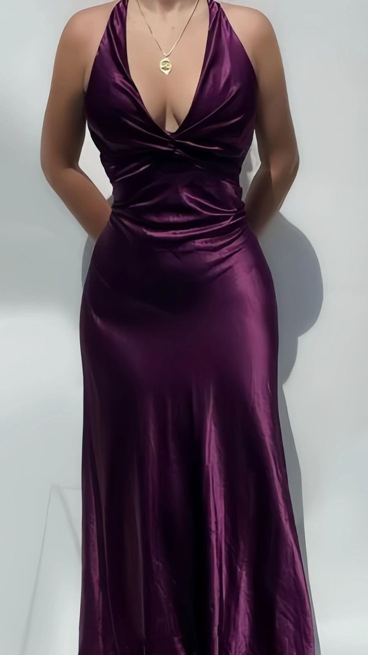 Elegant Purple V Neck Halter Sheath Satin Simple Long Prom Dress MD7638