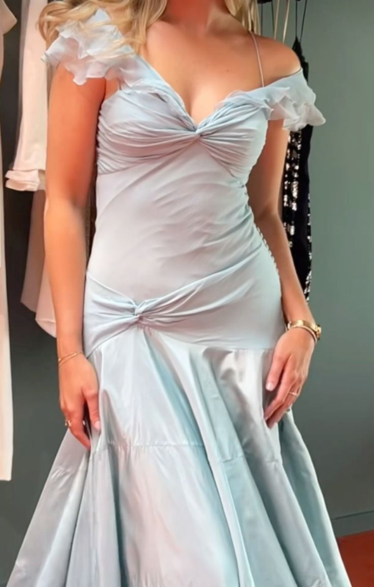 Light Blue V Neck A-Line Vintage Prom Dress Evening Gown MD7640