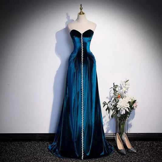 Elegant Strapless A Line Velvet Long Prom Dress Formal Party Dress MD7648