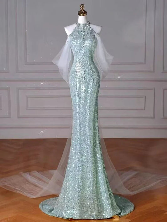 Tiffany Blue Mermaid Sequins Long Prom Dress Formal Party Gown MD7649