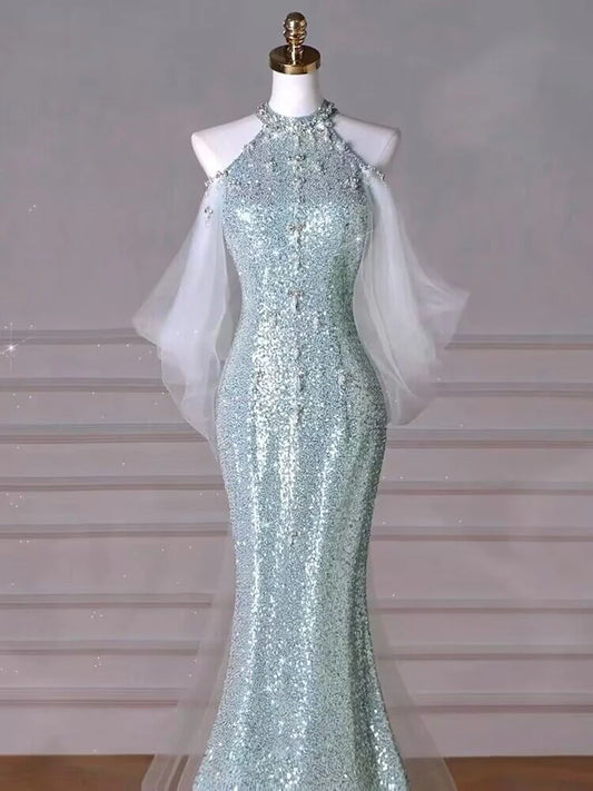 Tiffany Blue Mermaid Sequins Long Prom Dress Formal Party Gown MD7649