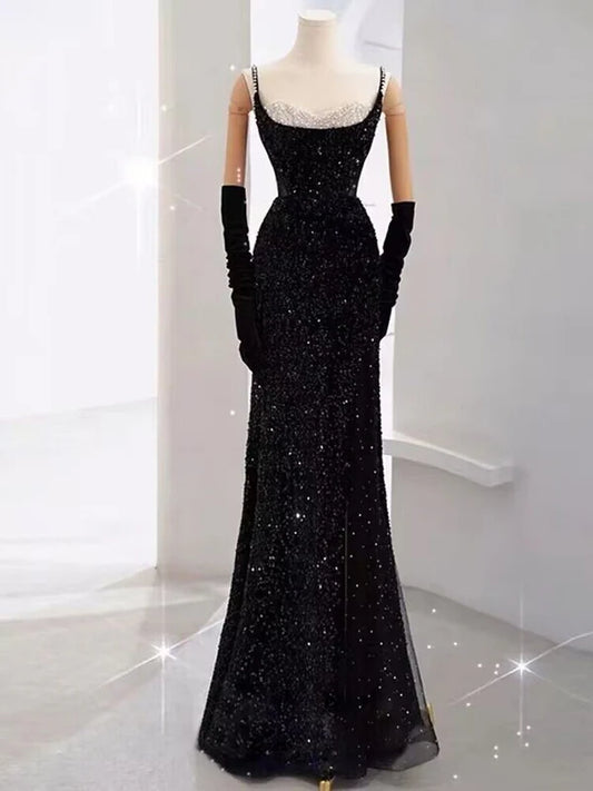 Black Straps Sequin Mermaid Long Prom Dress Evening Gown MD7655