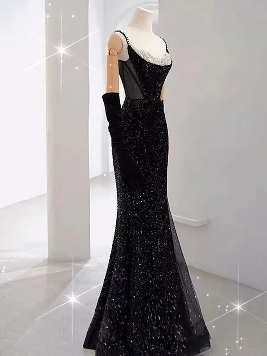 Black Straps Sequin Mermaid Long Prom Dress Evening Gown MD7655