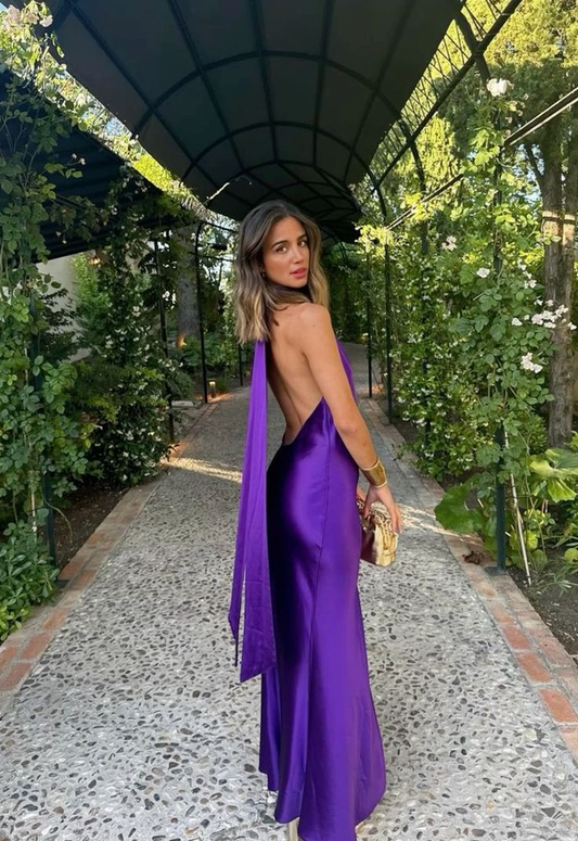 Elegant Purple Halter Backless Long Evening Party Dress MD7658