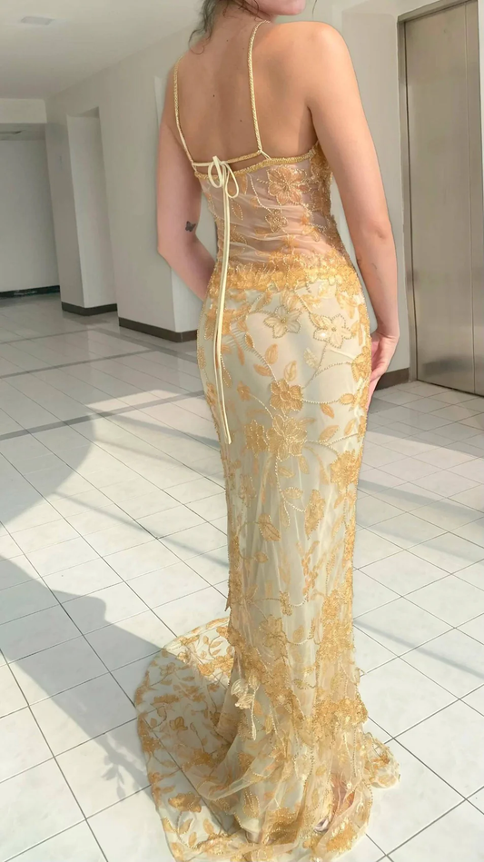 Light Yellow Strpas Beading Lace Mermaid Long Evening Dress MD7660