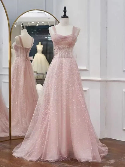 Pink A-Line Sequin Tulle Princess Prom Dress Birthday Party Gown MD7662