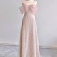 Pink A-Line Off The Shoulder Sequin Long Prom Dress Birthday Outfits MD7663