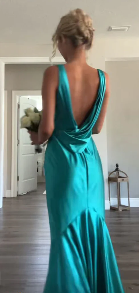 Green V Neck Open Back Mermaid Satin Long Evening Party Dress MD7665