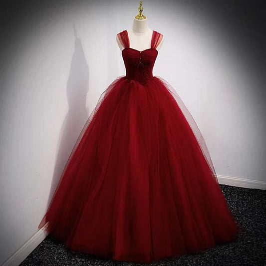 A-Line Burgundy Tulle Long Prom Dress Birthday Party Gown MD7668