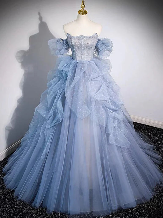 Blue Strapless A-Line Tulle Ball Gown Long Formal Prom Dress MD7669