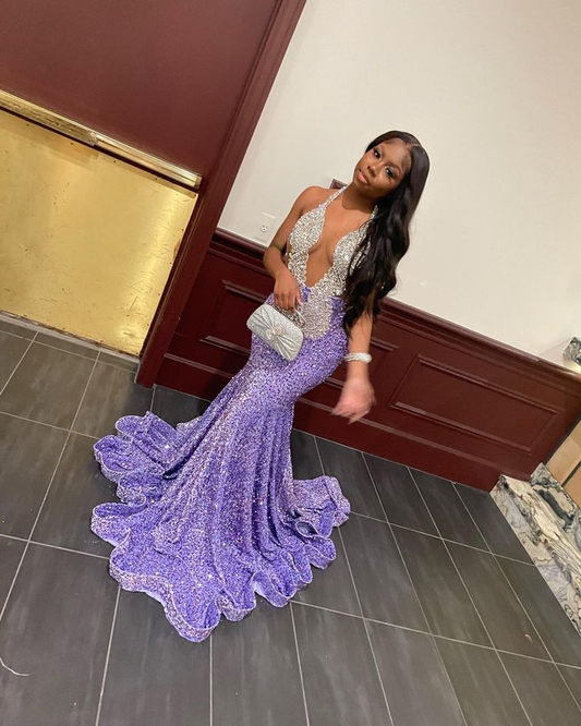 Lilac Halter Sequins Beading Black Girl Mermaid Long Formal Party Dress MD7670