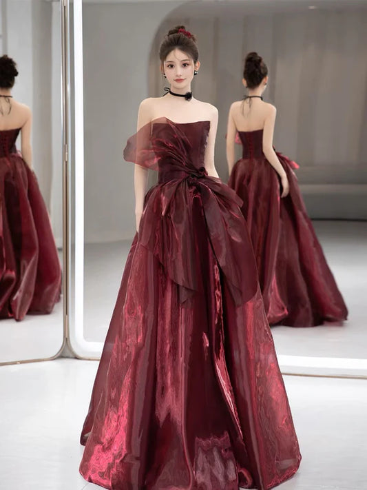 Burgundy Strapless A-Line Formal Party Dress Long Prom Dress MD7673