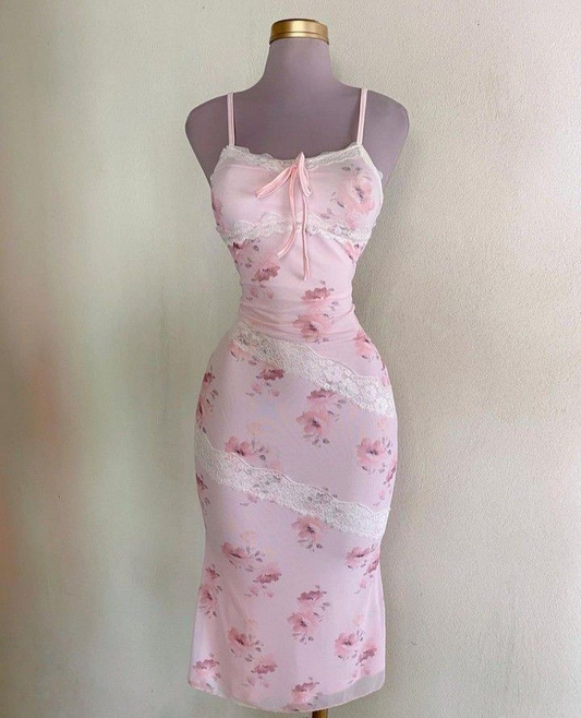 Lovely Pink Spaghetti Straps Midi Party Dress Birthday Outfits MD7676