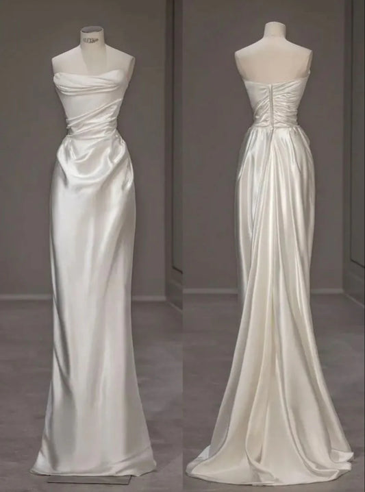 Strapless White Sheath Satin Wedding Dress Formal Evening Gown MD7679