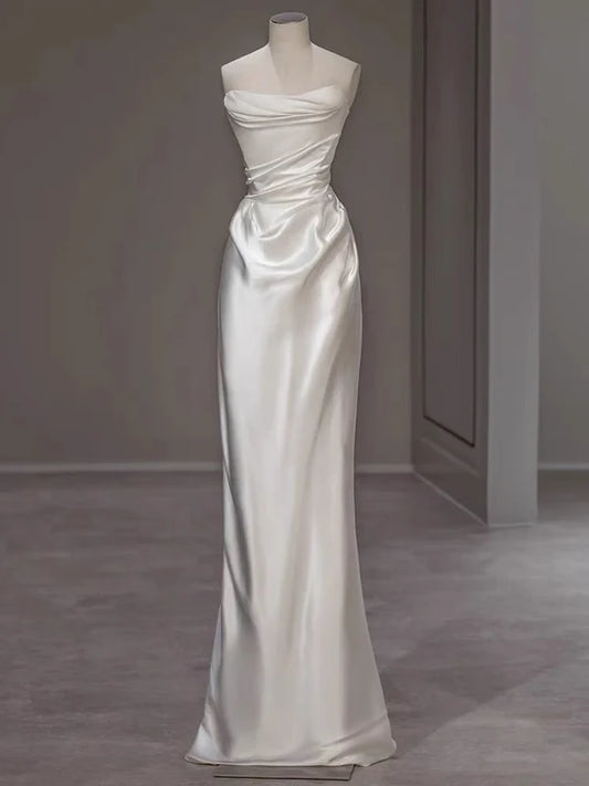 Strapless White Sheath Satin Wedding Dress Formal Evening Gown MD7679