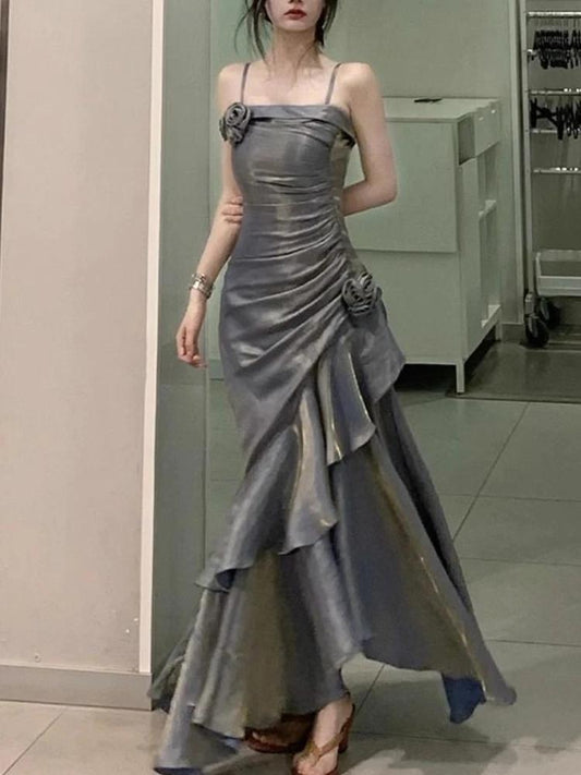 Grey Spaghetti Straps Vintage Sheath Chiffon Long Evening Gown MD7685