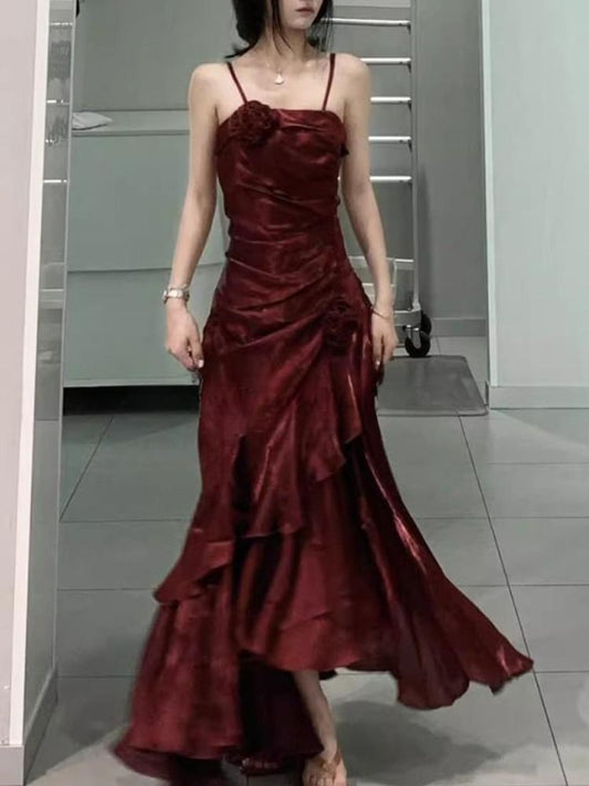 Wine Red Spaghetti Straps Vintage Sheath Chiffon Long Evening Gown MD7686