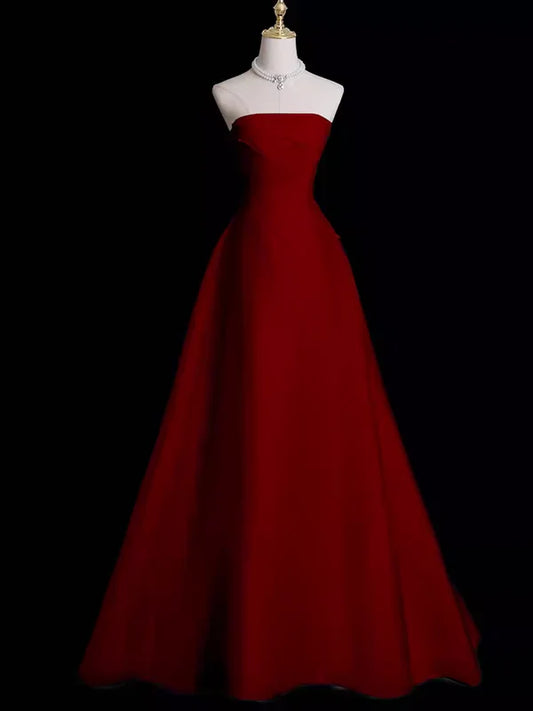 Charming Red Strapless A-Line Long Satin Prom Dress Evening Gown MD7689