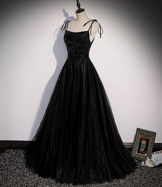 Black Straps A-Line Tulle Sequin Long Formal Party Dress Prom Gown MD7693