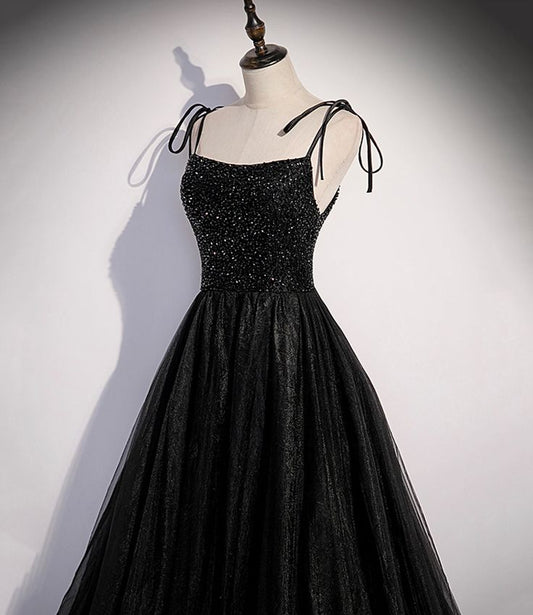 Black Straps A-Line Tulle Sequin Long Formal Party Dress Prom Gown MD7693