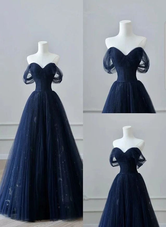 Navy Blue Off Shoulder A-Line Tulle Long Formal Party Dress Prom Gown MD7694