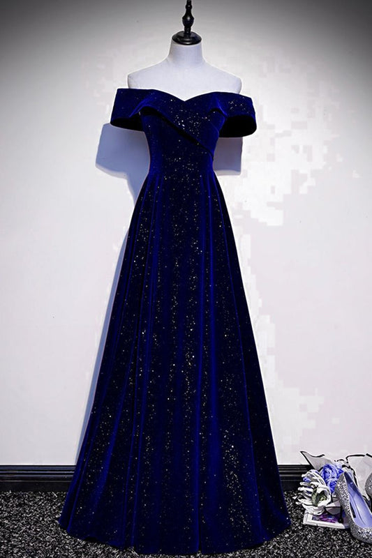 Royal Blue Off Shoulder A-Line Velvet Long Formal Party Dress MD7702