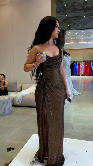 Stunning Brown One Shoulder Mermaid Shiny Long Evening Gown MD7705