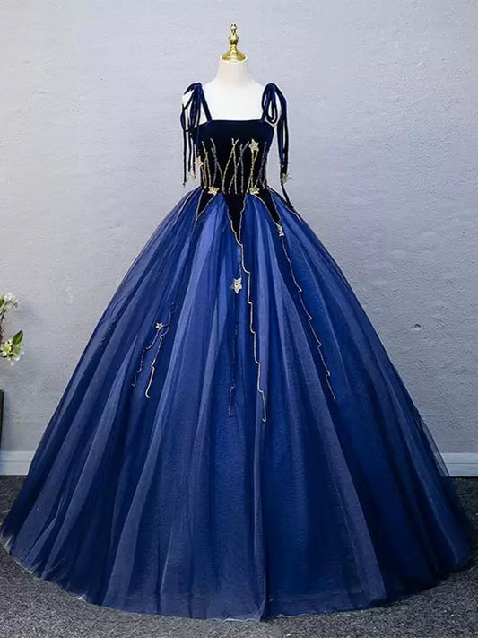 Navy Blue Straps A-Line Tulle Formal Ball Gown Evening DressMD7707