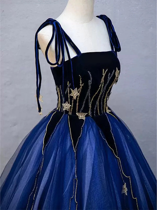 Navy Blue Straps A-Line Tulle Formal Ball Gown Evening DressMD7707