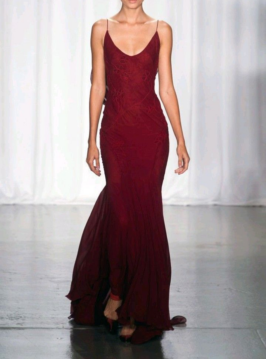 Burgundy Spaghetti Straps Open Back Mermaid Long Formal Evening Gown MD7709