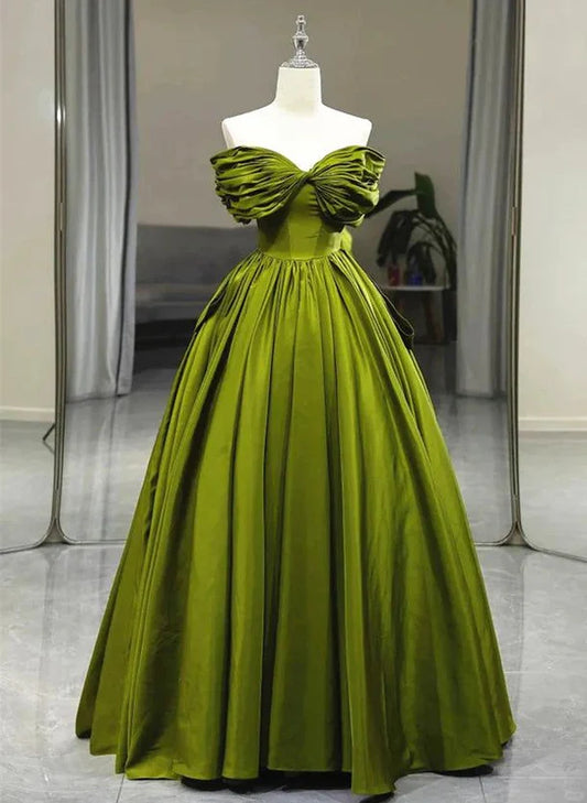 Green A line Off Shoulder Satin Long Party Dress Formal Prom Gown MD7712