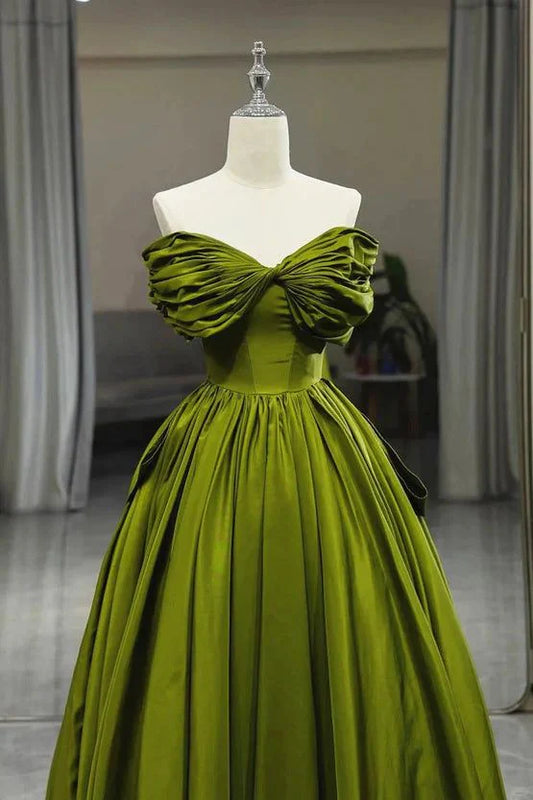 Green A line Off Shoulder Satin Long Party Dress Formal Prom Gown MD7712