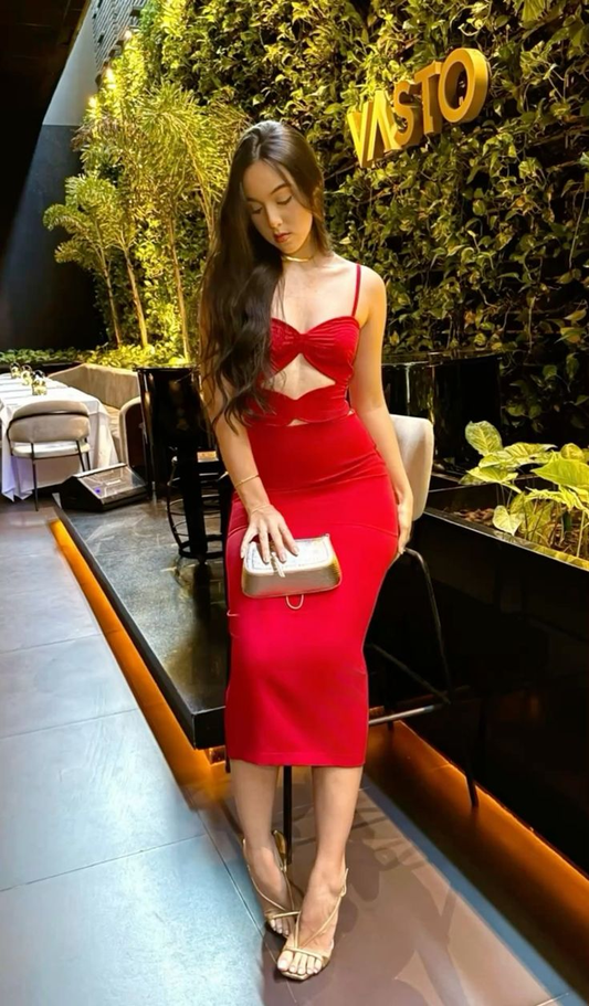 Spaghetti Straps Red Sheath Midi Length Formal Party Dress MD7715