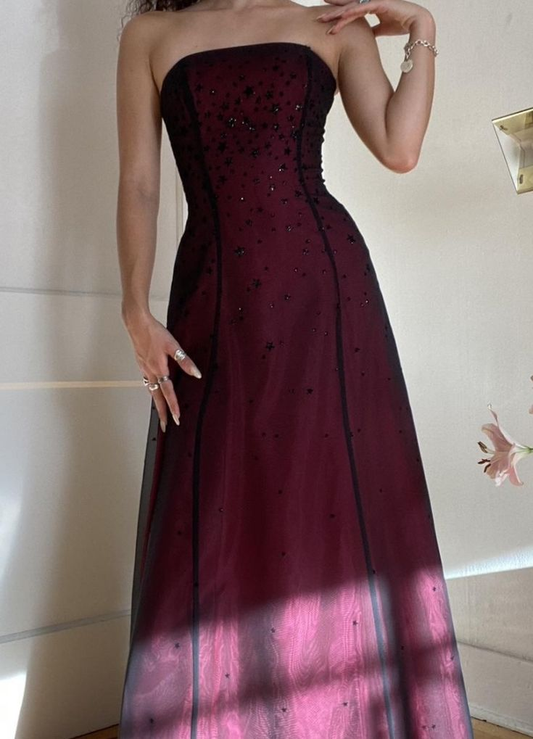 Burgundy Strapless A-Line Vintage Long Evening Party Dress MD7717