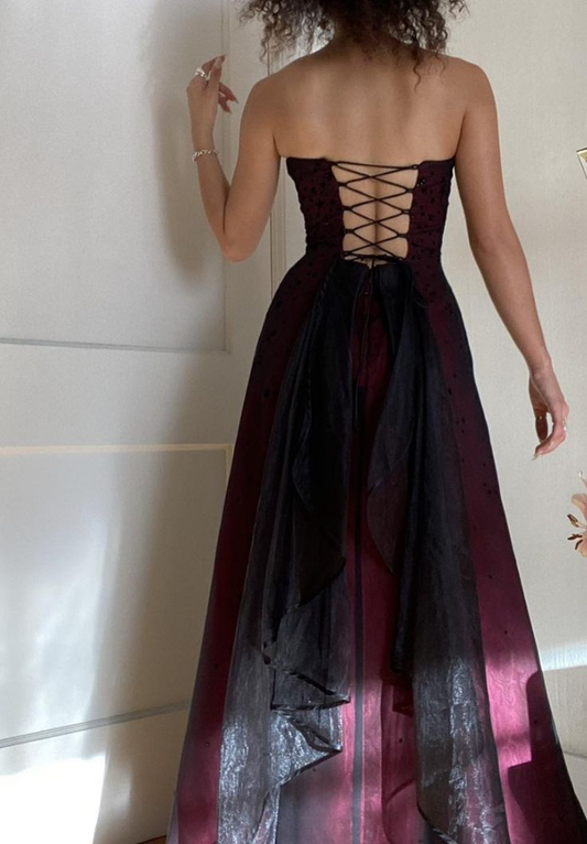 Burgundy Strapless A-Line Vintage Long Evening Party Dress MD7717