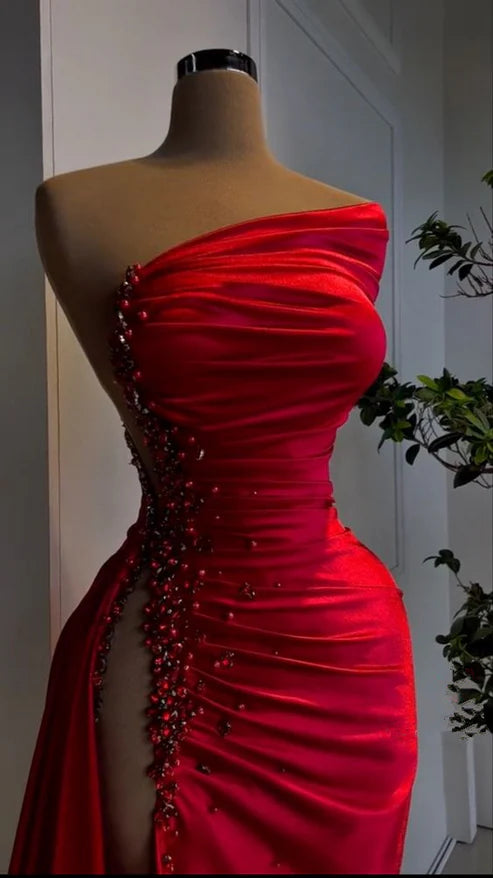 Sexy Red Beaded Satin Long Prom Dress with High Slit MD7718