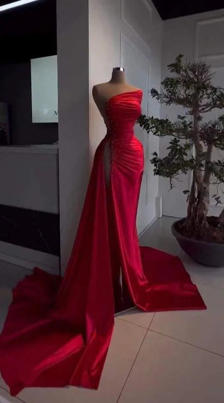 Sexy Red Beaded Satin Long Prom Dress with High Slit MD7718