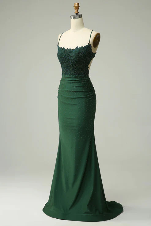 Mermaid Dark Green Long Prom Dress with Appliques Beading MD7726