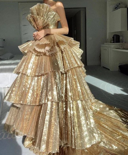 Gorgeous Golden Tiered Ball Gown Long Evening Party Dress MD7728