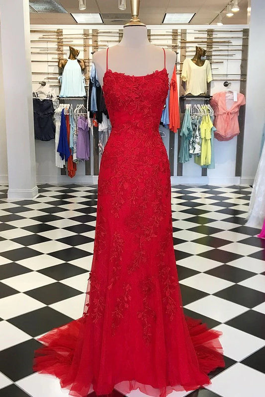 Red Floral Appliques Tulle Mermaid Long Formal Dress MD7737