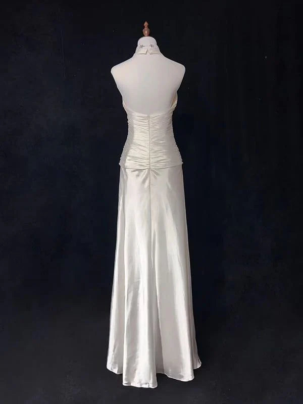 V Neck A Line Satin Long Prom Dresses Halter Wedding Dress MD7738