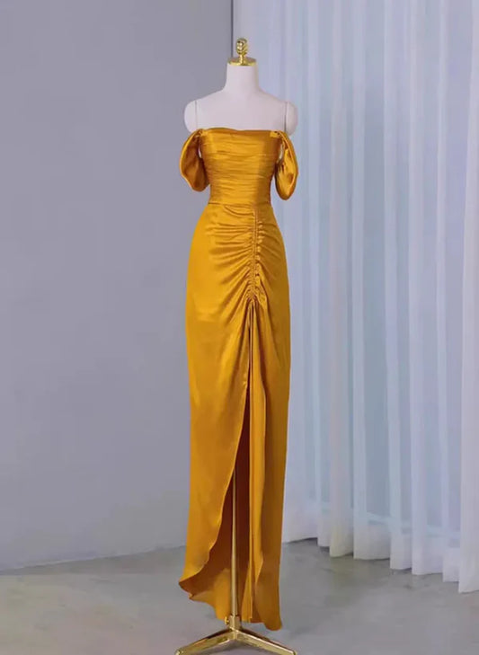 Off The Shoulder Yellow Long Formal Dress Slit Prom Dress MD7739