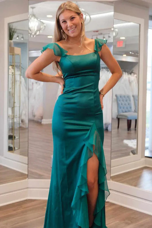 Green Mermaid Straps Scoop Pleated High Slit Long Prom Formal Dress MD7742