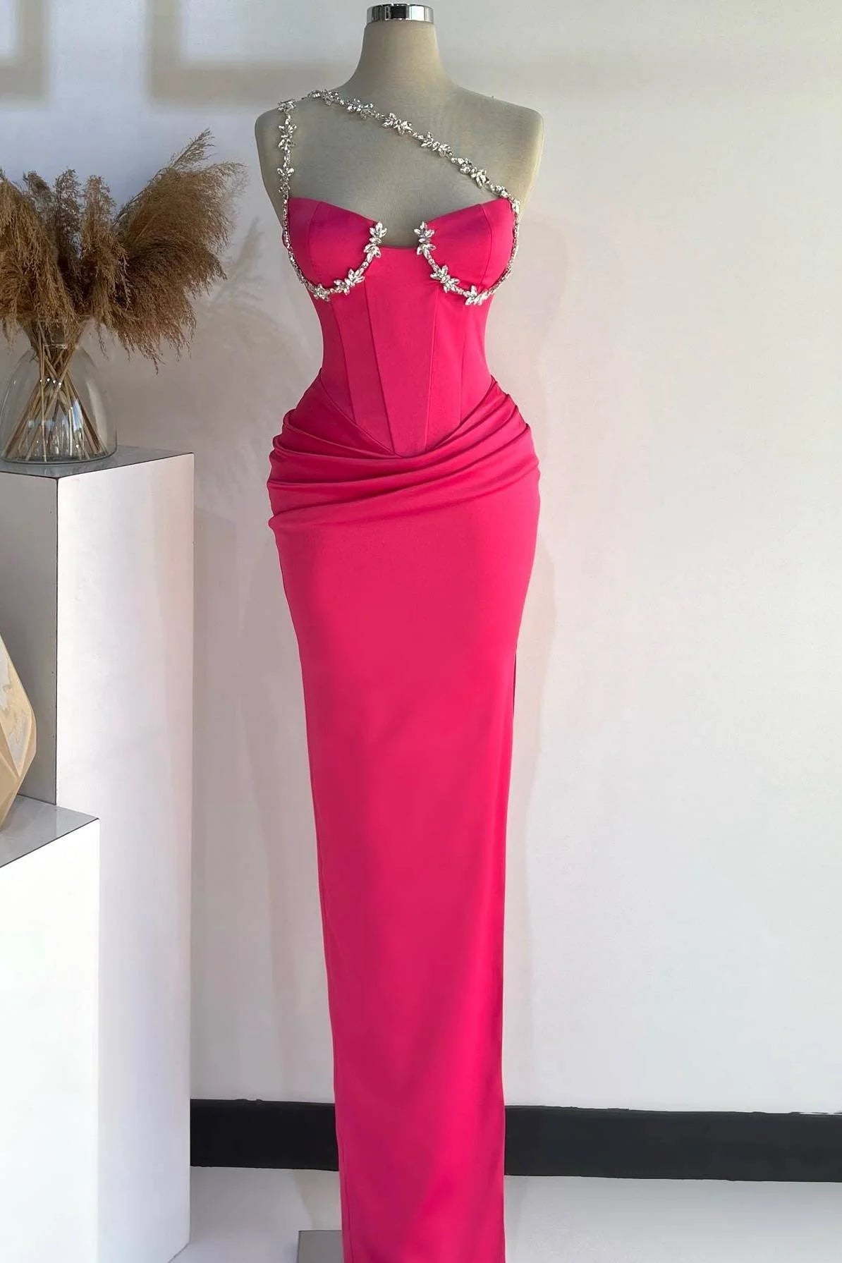 Hor Pink Straps Beading Satin Mermaid Long Evening Party Dress MD7750