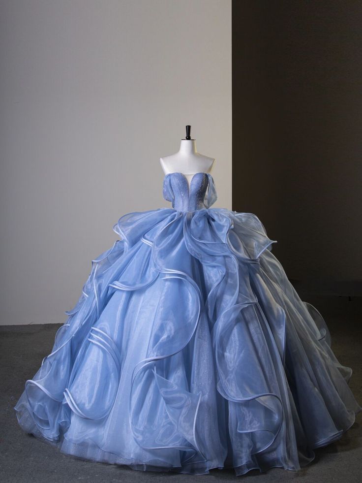 Blue Off Shoulder A-Line Ruffles Long Evening Dress Ball Gown MD7755